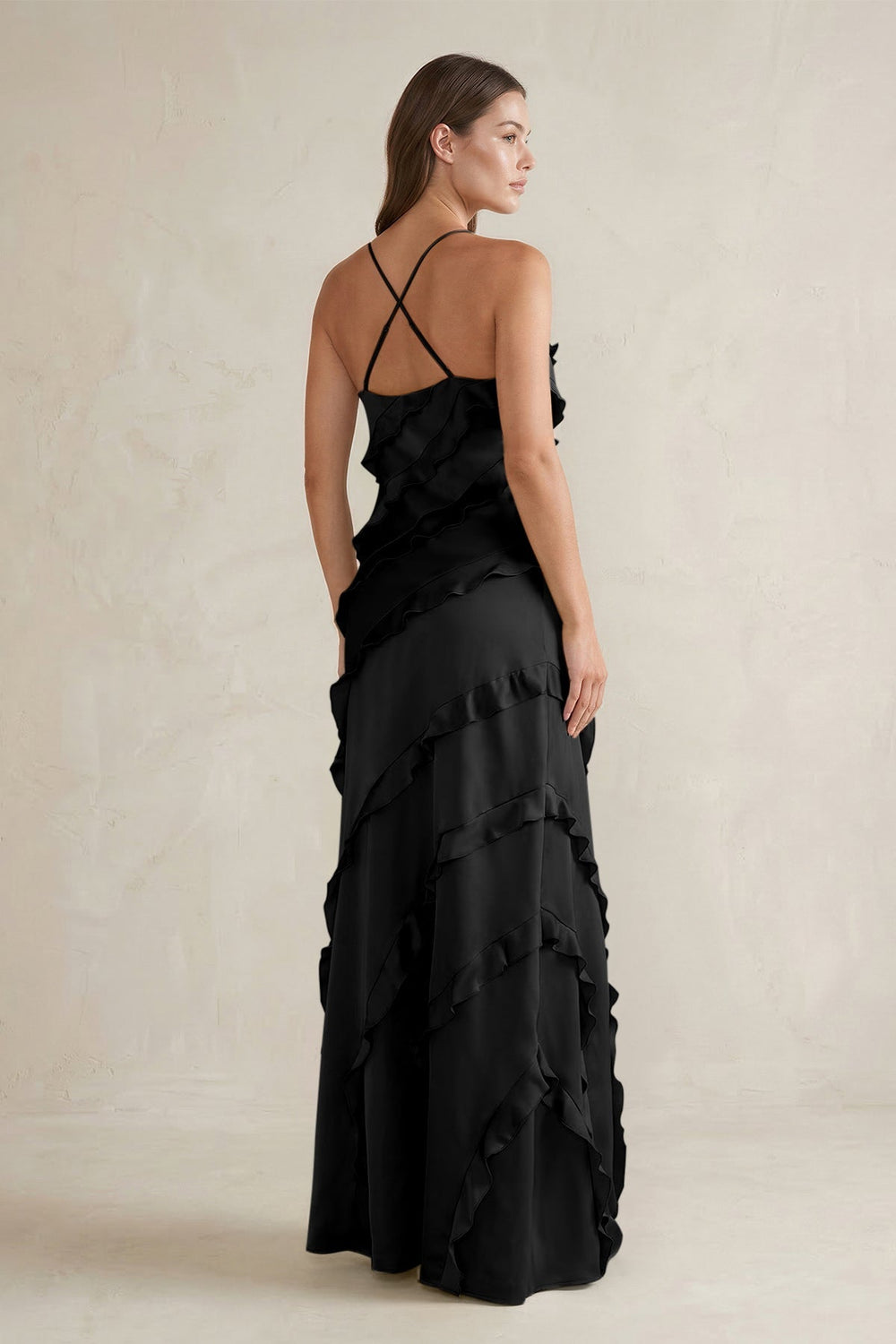 Spaghetti Straps Sheath Stain Ruffled Bridesmaid Dress in Black - KissProm Bridesmaid Dresses