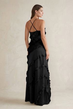 Spaghetti Straps Sheath Stain Ruffled Bridesmaid Dress in Black - KissProm Bridesmaid Dresses