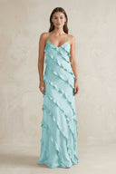 Spaghetti Straps Sheath Stain Ruffled Bridesmaid Dress in Bleached Aqua - KissProm Bridesmaid Dresses