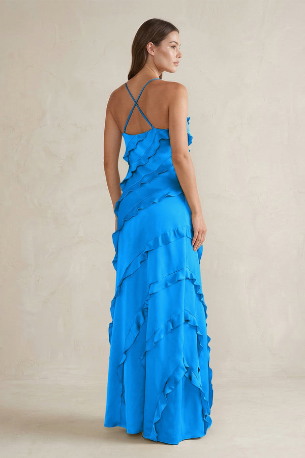 Spaghetti Straps Sheath Stain Ruffled Bridesmaid Dress in Blue Jay - KissProm Bridesmaid Dresses