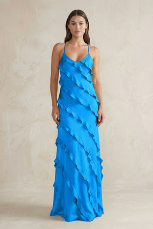 Spaghetti Straps Sheath Stain Ruffled Bridesmaid Dress in Blue Jay - KissProm Bridesmaid Dresses