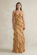 Spaghetti Straps Sheath Stain Ruffled Bridesmaid Dress in Bronzer - KissProm Bridesmaid Dresses