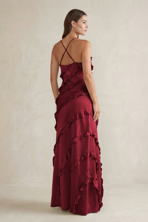 Spaghetti Straps Sheath Stain Ruffled Bridesmaid Dress in Burgundy - KissProm Bridesmaid Dresses