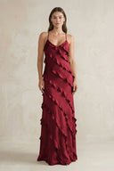 Spaghetti Straps Sheath Stain Ruffled Bridesmaid Dress in Burgundy - KissProm Bridesmaid Dresses