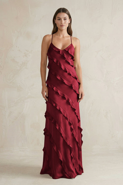 Spaghetti Straps Sheath Stain Ruffled Bridesmaid Dress in Burgundy - KissProm Bridesmaid Dresses