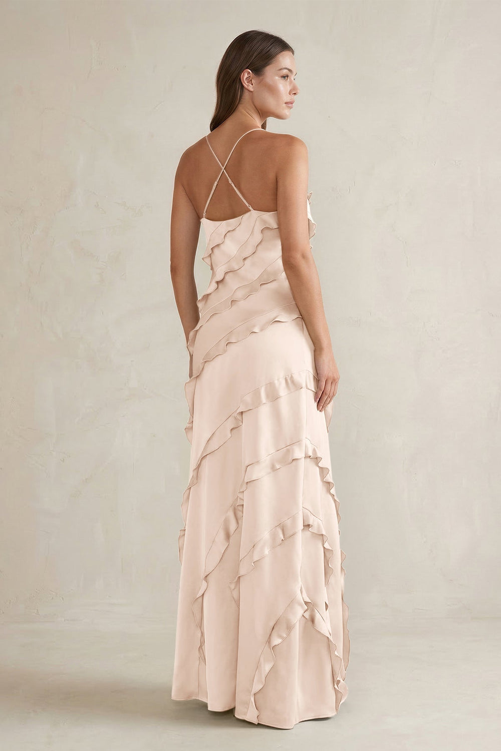 Spaghetti Straps Sheath Stain Ruffled Bridesmaid Dress in Buttercream - KissProm Bridesmaid Dresses