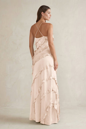 Spaghetti Straps Sheath Stain Ruffled Bridesmaid Dress in Buttercream - KissProm Bridesmaid Dresses