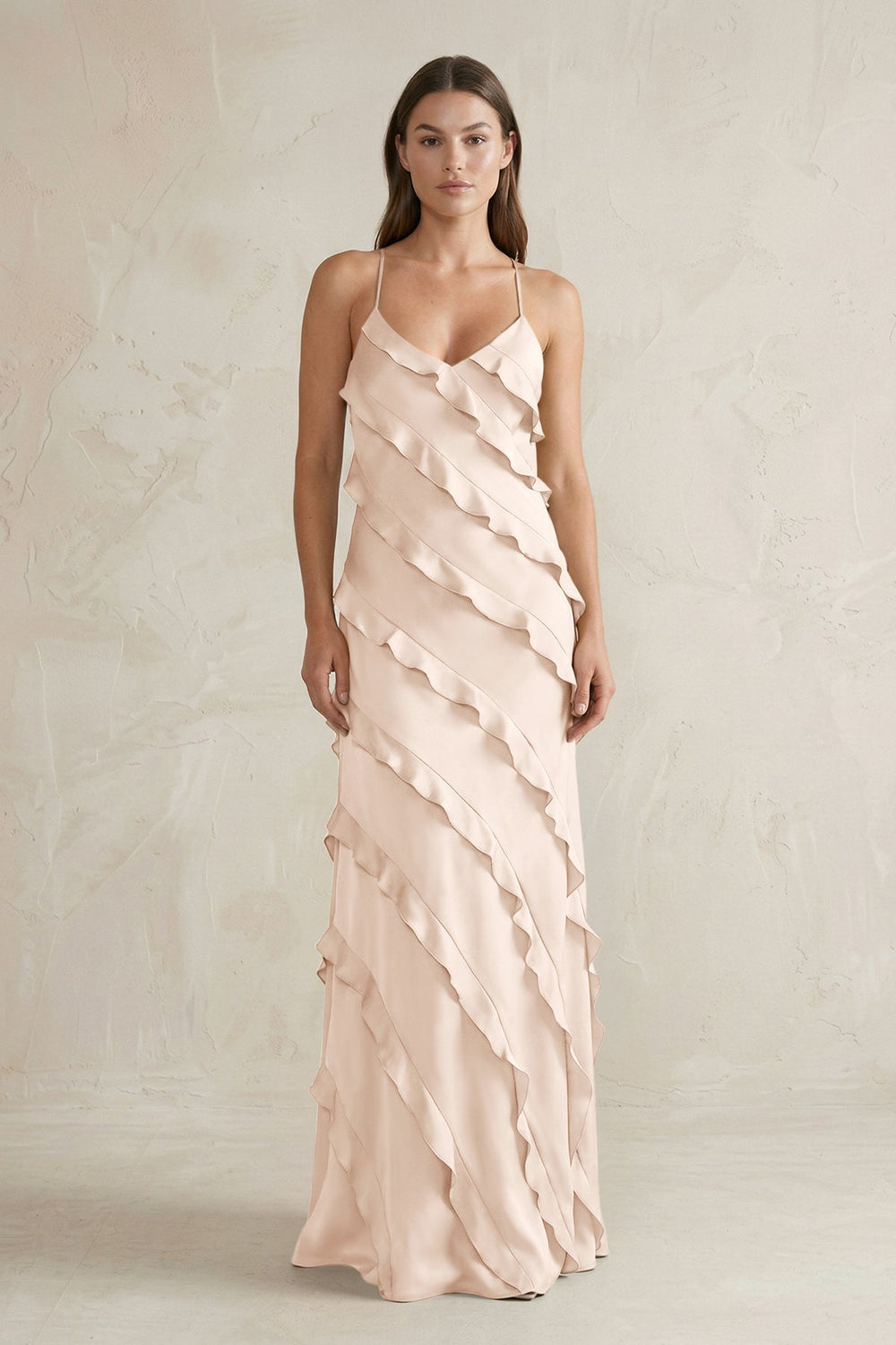 Spaghetti Straps Sheath Stain Ruffled Bridesmaid Dress in Buttercream - KissProm Bridesmaid Dresses
