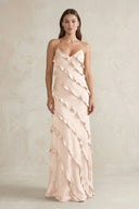 Spaghetti Straps Sheath Stain Ruffled Bridesmaid Dress in Buttercream - KissProm Bridesmaid Dresses