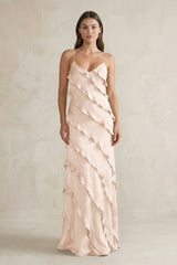 Spaghetti Straps Sheath Stain Ruffled Bridesmaid Dress in Buttercream - KissProm Bridesmaid Dresses