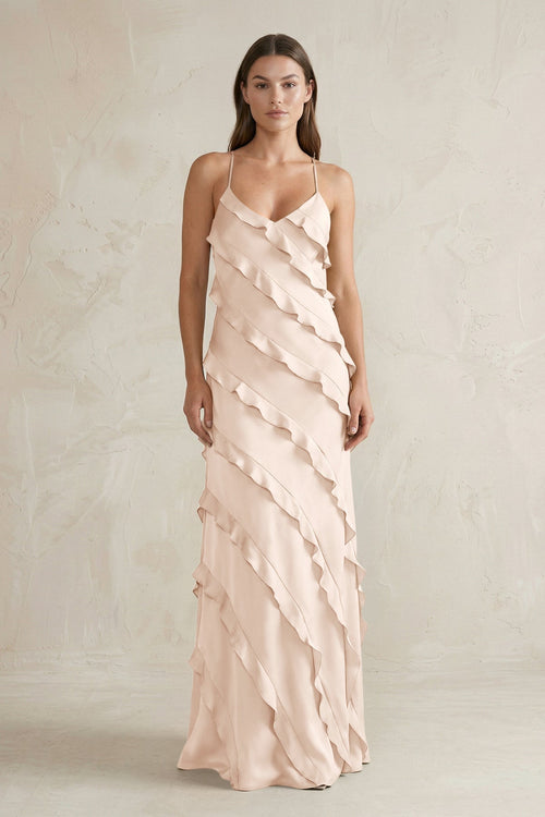 Spaghetti Straps Sheath Stain Ruffled Bridesmaid Dress in Buttercream - KissProm Bridesmaid Dresses