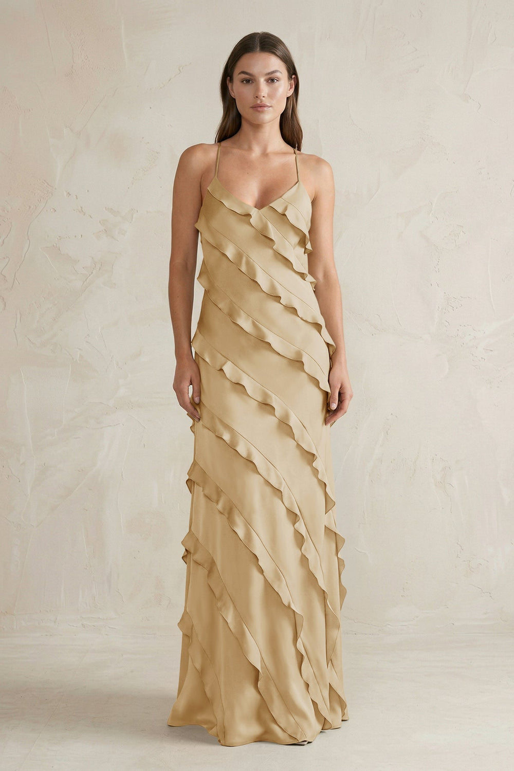 Spaghetti Straps Sheath Stain Ruffled Bridesmaid Dress in Champagne - KissProm Bridesmaid Dresses
