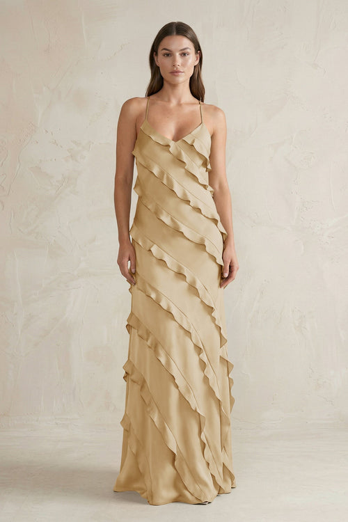 Spaghetti Straps Sheath Stain Ruffled Bridesmaid Dress in Champagne - KissProm Bridesmaid Dresses