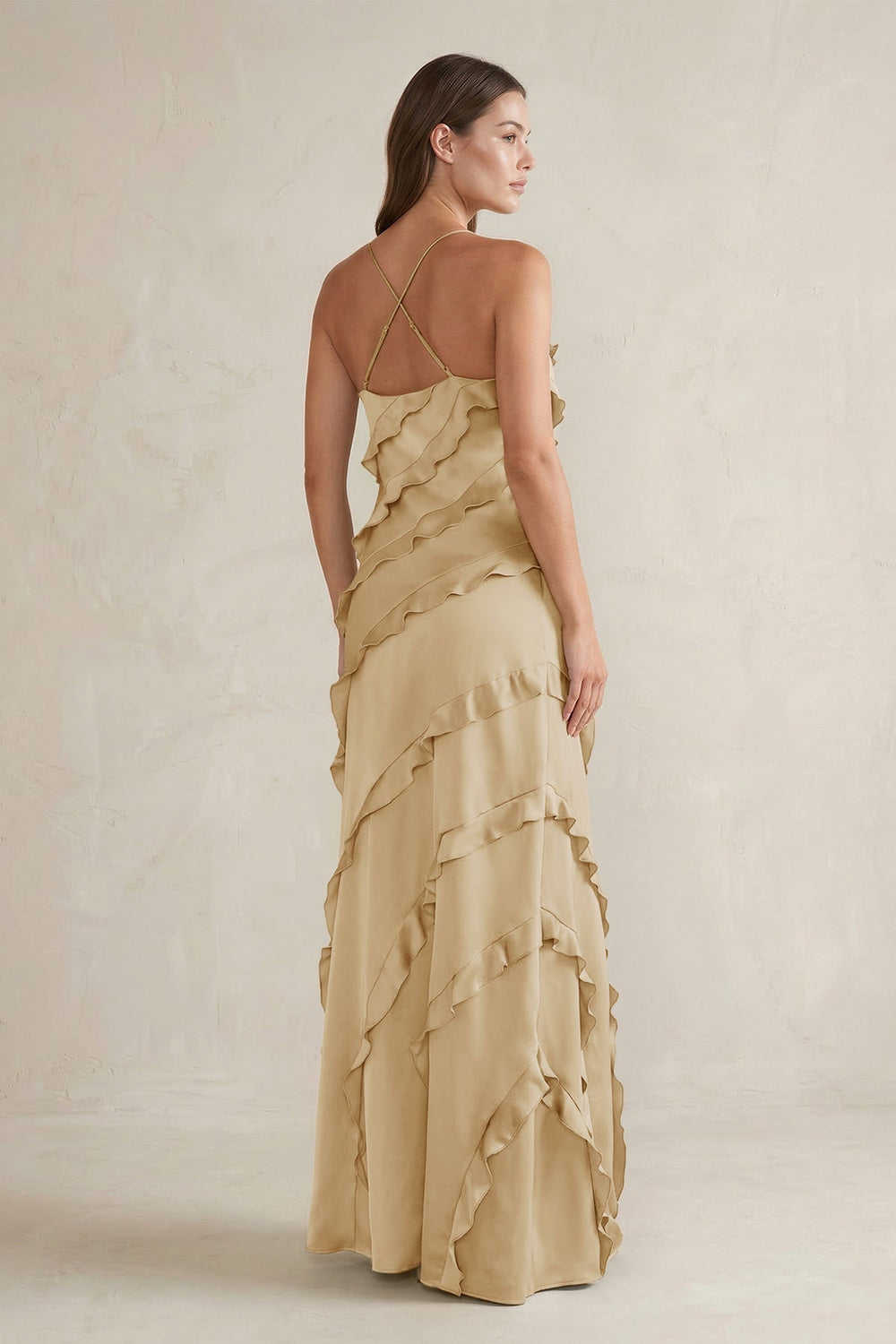 Spaghetti Straps Sheath Stain Ruffled Bridesmaid Dress in Champagne - KissProm Bridesmaid Dresses