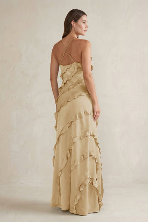 Spaghetti Straps Sheath Stain Ruffled Bridesmaid Dress in Champagne - KissProm Bridesmaid Dresses