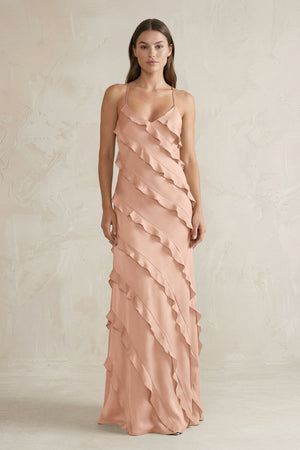 Spaghetti Straps Sheath Stain Ruffled Bridesmaid Dress in Champagne Rose - KissProm Bridesmaid Dresses