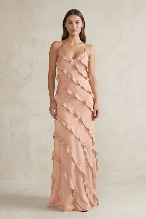 Spaghetti Straps Sheath Stain Ruffled Bridesmaid Dress in Champagne Rose - KissProm Bridesmaid Dresses