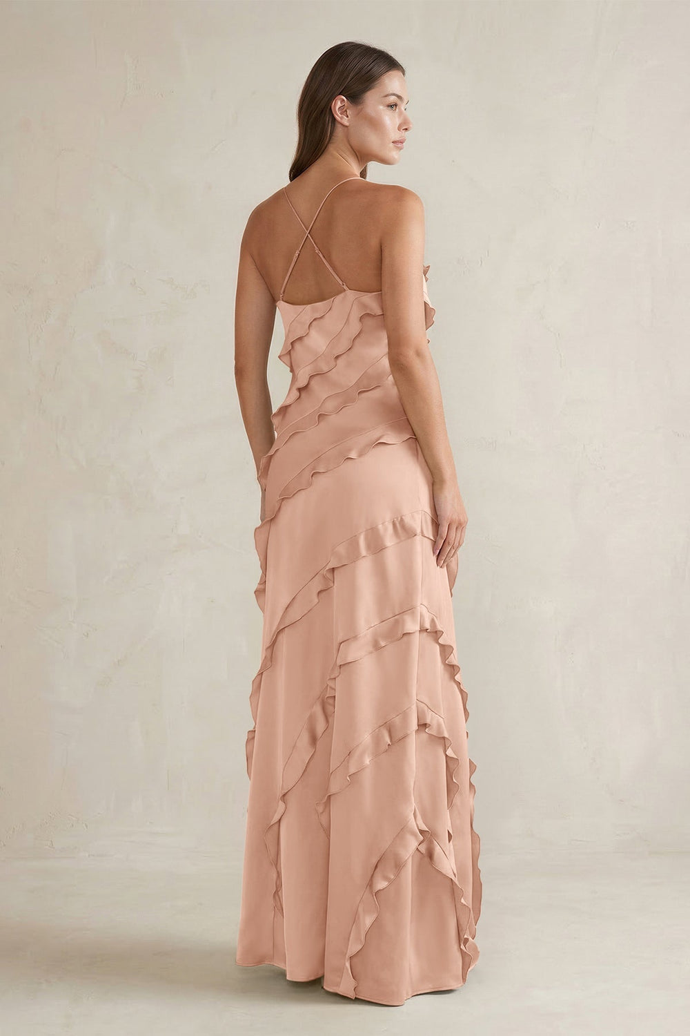 Spaghetti Straps Sheath Stain Ruffled Bridesmaid Dress in Champagne Rose - KissProm Bridesmaid Dresses