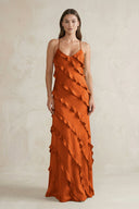 Spaghetti Straps Sheath Stain Ruffled Bridesmaid Dress in Cinnamon - KissProm Bridesmaid Dresses