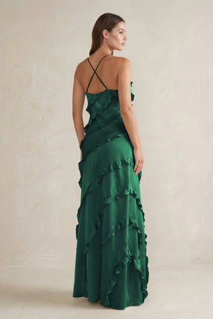 Spaghetti Straps Sheath Stain Ruffled Bridesmaid Dress in Dark Green - KissProm Bridesmaid Dresses