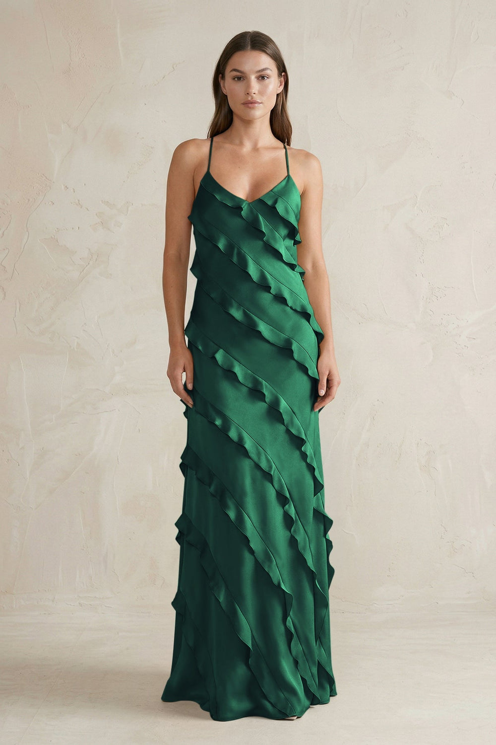 Spaghetti Straps Sheath Stain Ruffled Bridesmaid Dress in Dark Green - KissProm Bridesmaid Dresses