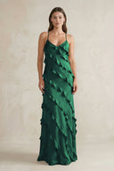 Spaghetti Straps Sheath Stain Ruffled Bridesmaid Dress in Dark Green - KissProm Bridesmaid Dresses