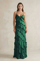 Spaghetti Straps Sheath Stain Ruffled Bridesmaid Dress in Dark Green - KissProm Bridesmaid Dresses