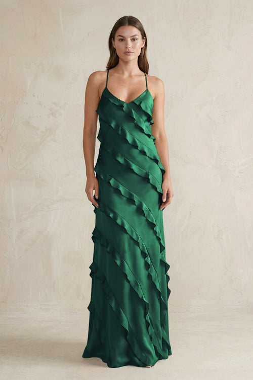 Spaghetti Straps Sheath Stain Ruffled Bridesmaid Dress in Dark Green - KissProm Bridesmaid Dresses