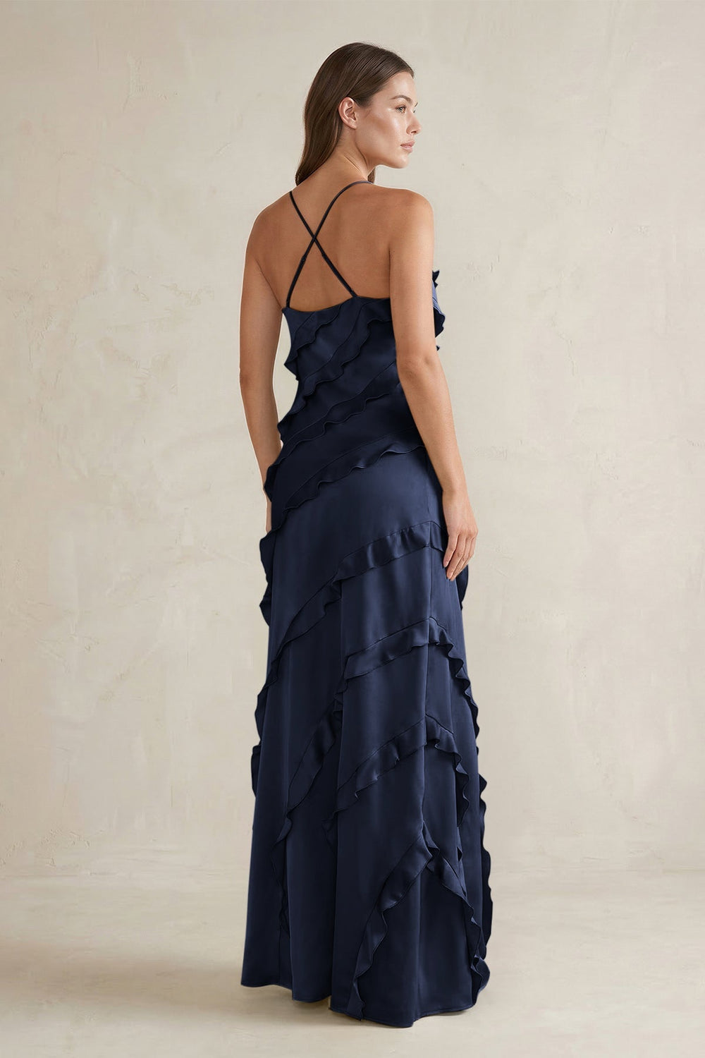 Spaghetti Straps Sheath Stain Ruffled Bridesmaid Dress in Dark Navy - KissProm Bridesmaid Dresses
