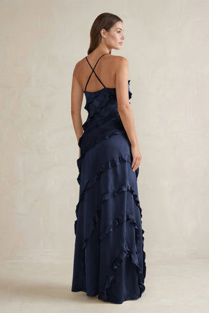 Spaghetti Straps Sheath Stain Ruffled Bridesmaid Dress in Dark Navy - KissProm Bridesmaid Dresses
