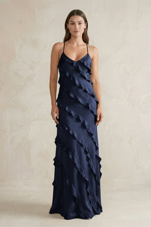 Spaghetti Straps Sheath Stain Ruffled Bridesmaid Dress in Dark Navy - KissProm Bridesmaid Dresses
