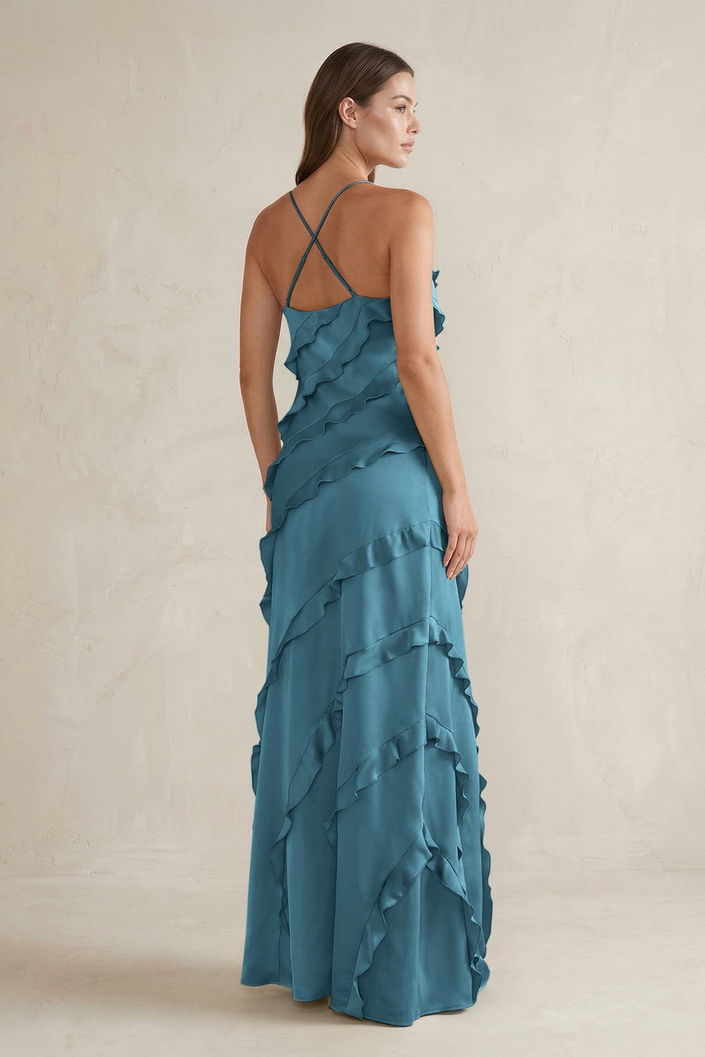 Spaghetti Straps Sheath Stain Ruffled Bridesmaid Dress in Dark Teal - KissProm Bridesmaid Dresses
