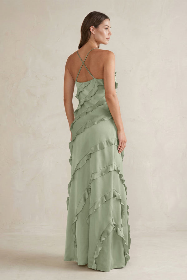 Spaghetti Straps Sheath Stain Ruffled Bridesmaid Dress in Dove Gray - KissProm Bridesmaid Dresses