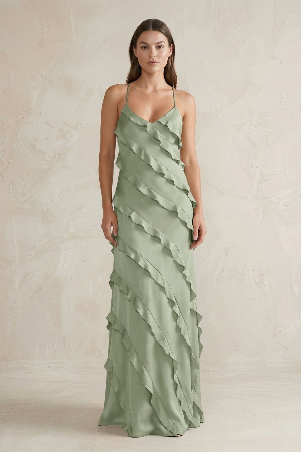 Spaghetti Straps Sheath Stain Ruffled Bridesmaid Dress in Dove Gray - KissProm Bridesmaid Dresses