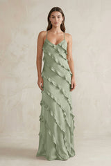 Spaghetti Straps Sheath Stain Ruffled Bridesmaid Dress in Dove Gray - KissProm Bridesmaid Dresses