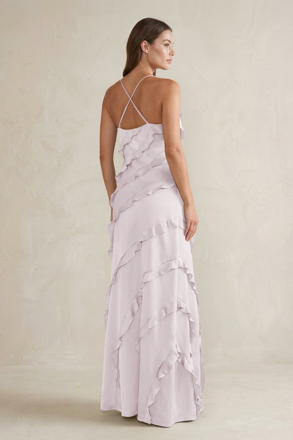 Spaghetti Straps Sheath Stain Ruffled Bridesmaid Dress in Dusk - KissProm Bridesmaid Dresses