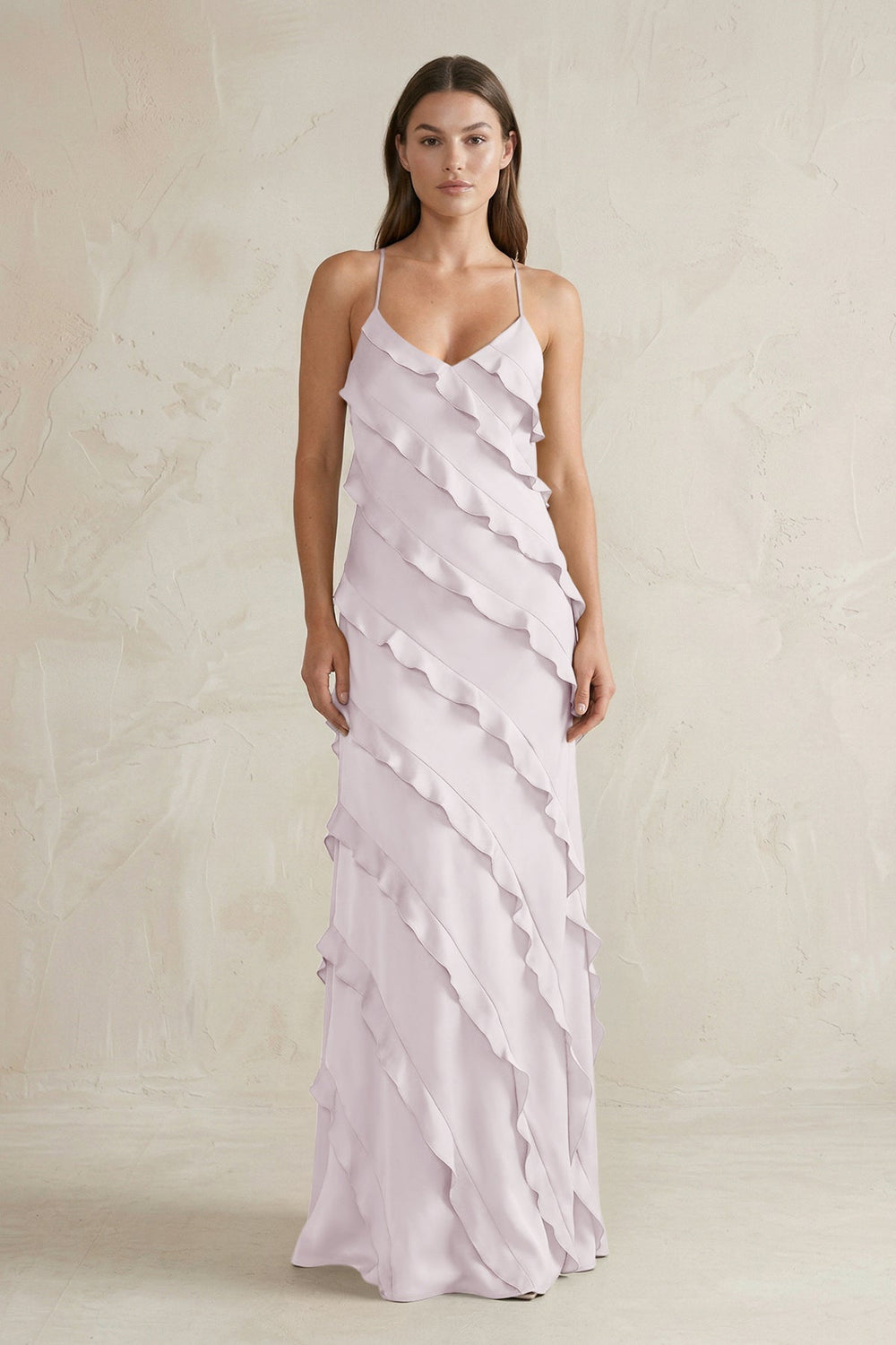Spaghetti Straps Sheath Stain Ruffled Bridesmaid Dress in Dusk - KissProm Bridesmaid Dresses