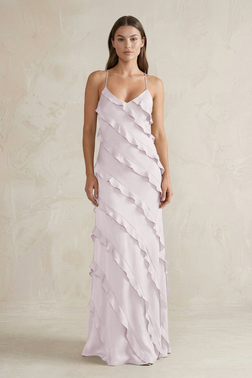Spaghetti Straps Sheath Stain Ruffled Bridesmaid Dress in Dusk - KissProm Bridesmaid Dresses