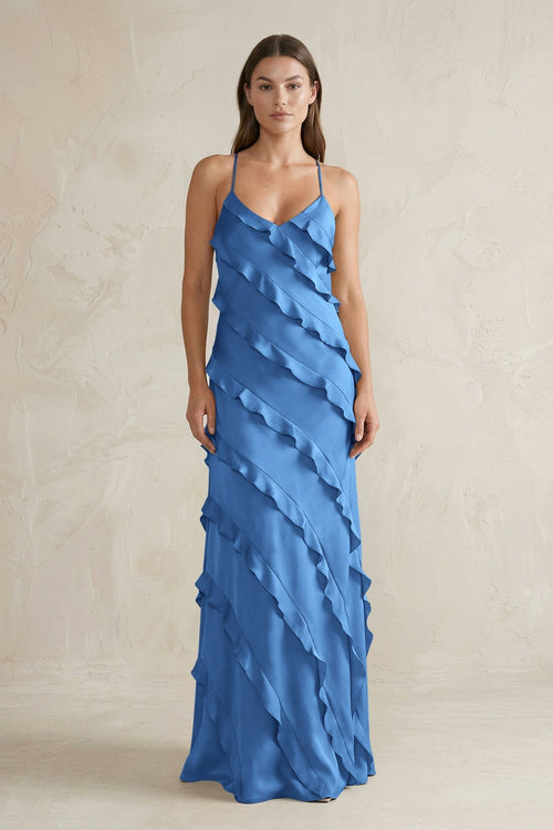 KissProm | Spaghetti Straps Sheath Stain Ruffled Bridesmaid Dress in Dusty Blue KissProm | Spaghetti Straps Sheath Stain Ruffled Bridesmaid Dress in Dusty Blue
