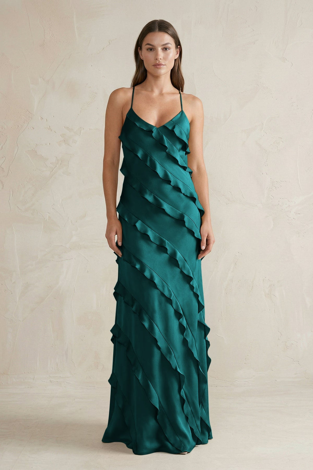 Spaghetti Straps Sheath Stain Ruffled Bridesmaid Dress in Emerald - KissProm Bridesmaid Dresses