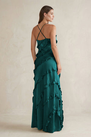 Spaghetti Straps Sheath Stain Ruffled Bridesmaid Dress in Emerald - KissProm Bridesmaid Dresses