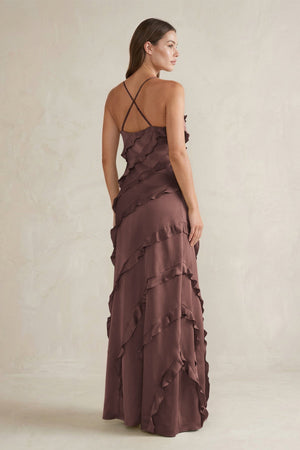 Spaghetti Straps Sheath Stain Ruffled Bridesmaid Dress in Espresso - KissProm Bridesmaid Dresses