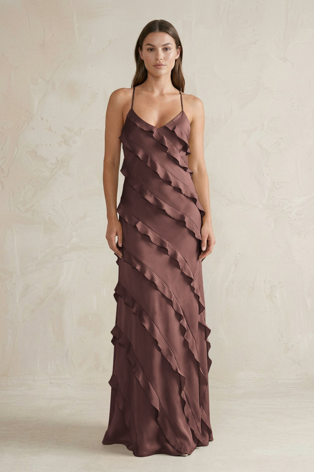 Spaghetti Straps Sheath Stain Ruffled Bridesmaid Dress in Espresso - KissProm Bridesmaid Dresses