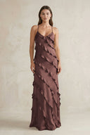 Spaghetti Straps Sheath Stain Ruffled Bridesmaid Dress in Espresso - KissProm Bridesmaid Dresses