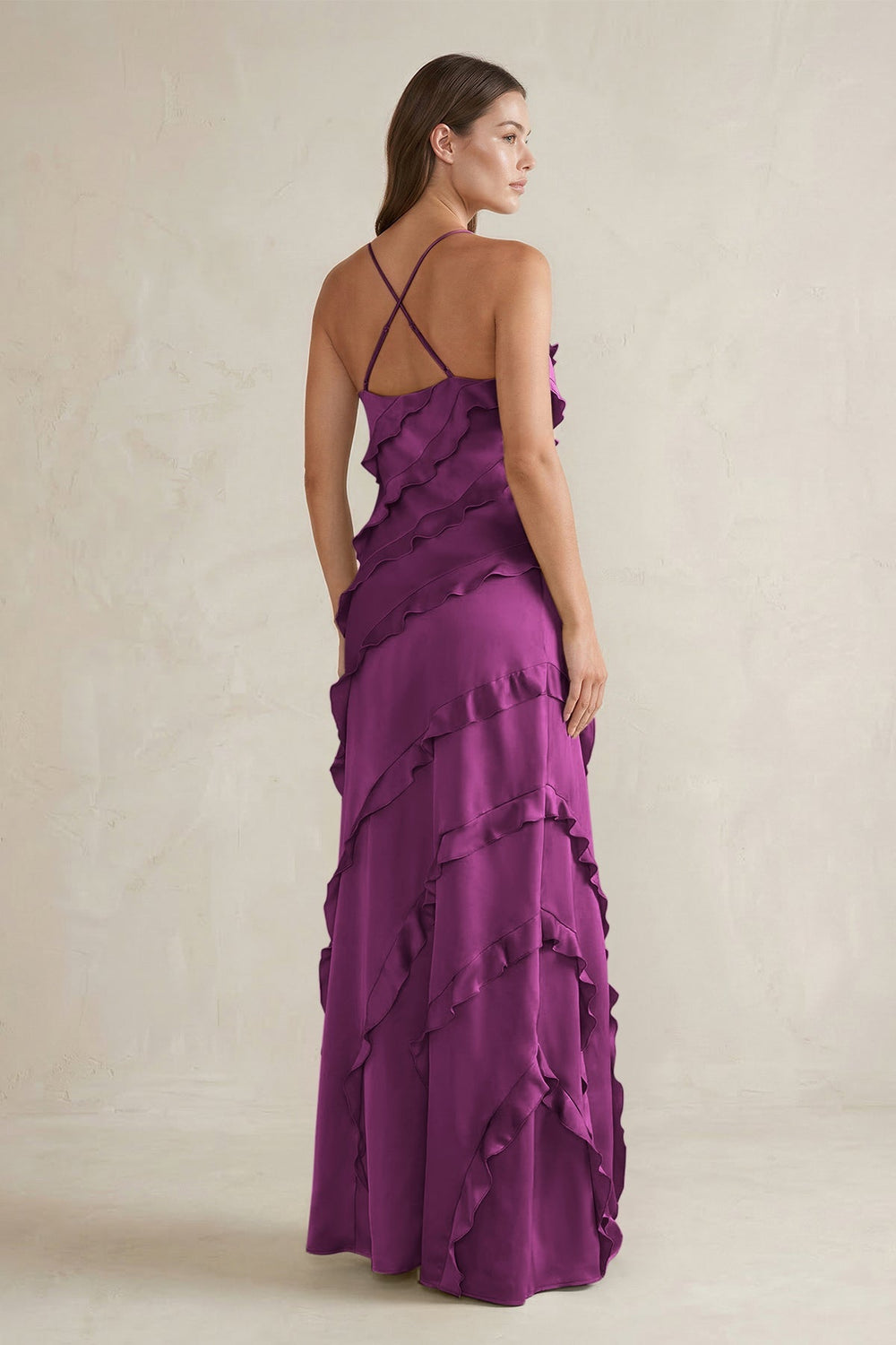 Spaghetti Straps Sheath Stain Ruffled Bridesmaid Dress in Fig - KissProm Bridesmaid Dresses