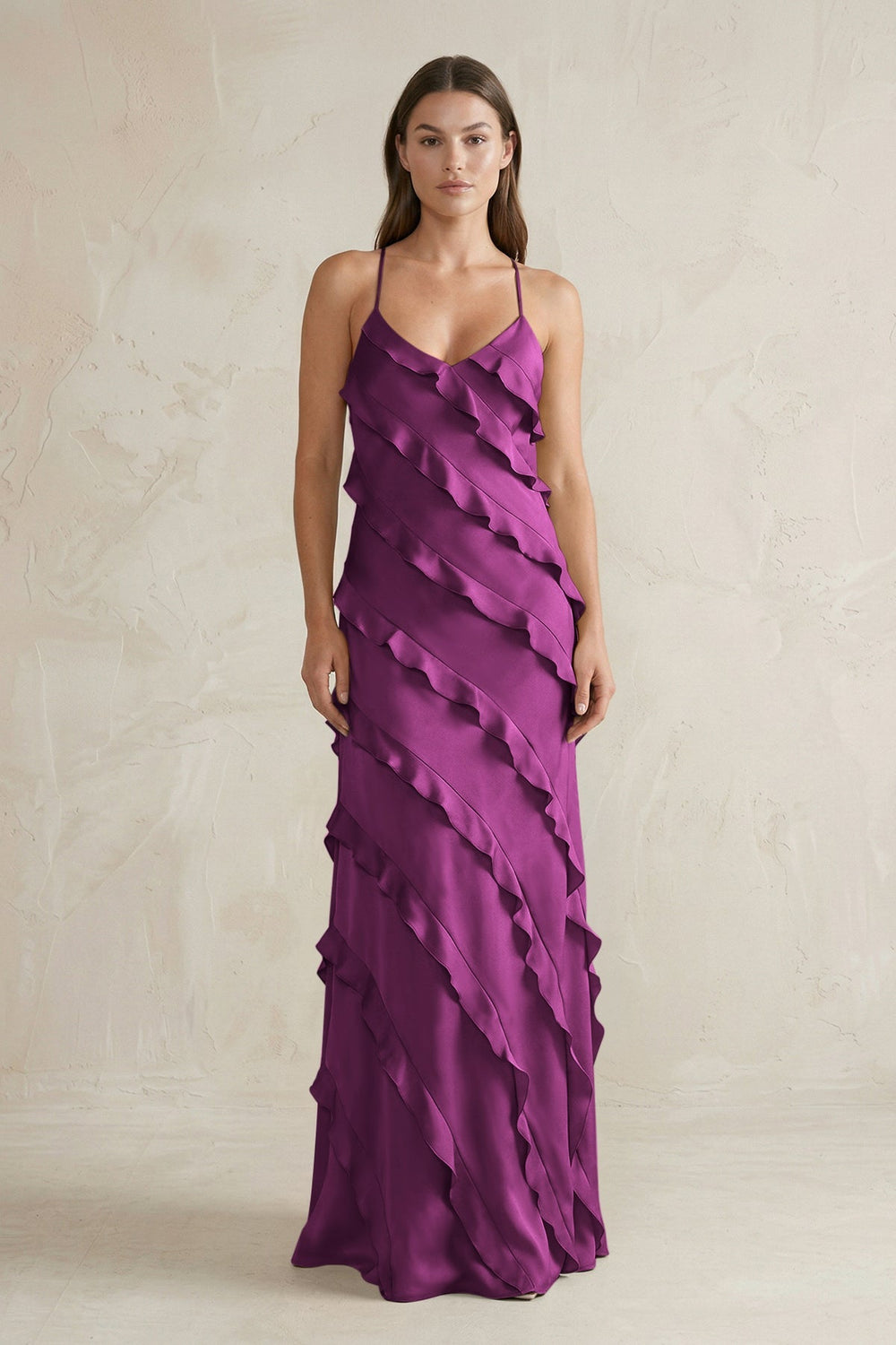 Spaghetti Straps Sheath Stain Ruffled Bridesmaid Dress in Fig - KissProm Bridesmaid Dresses