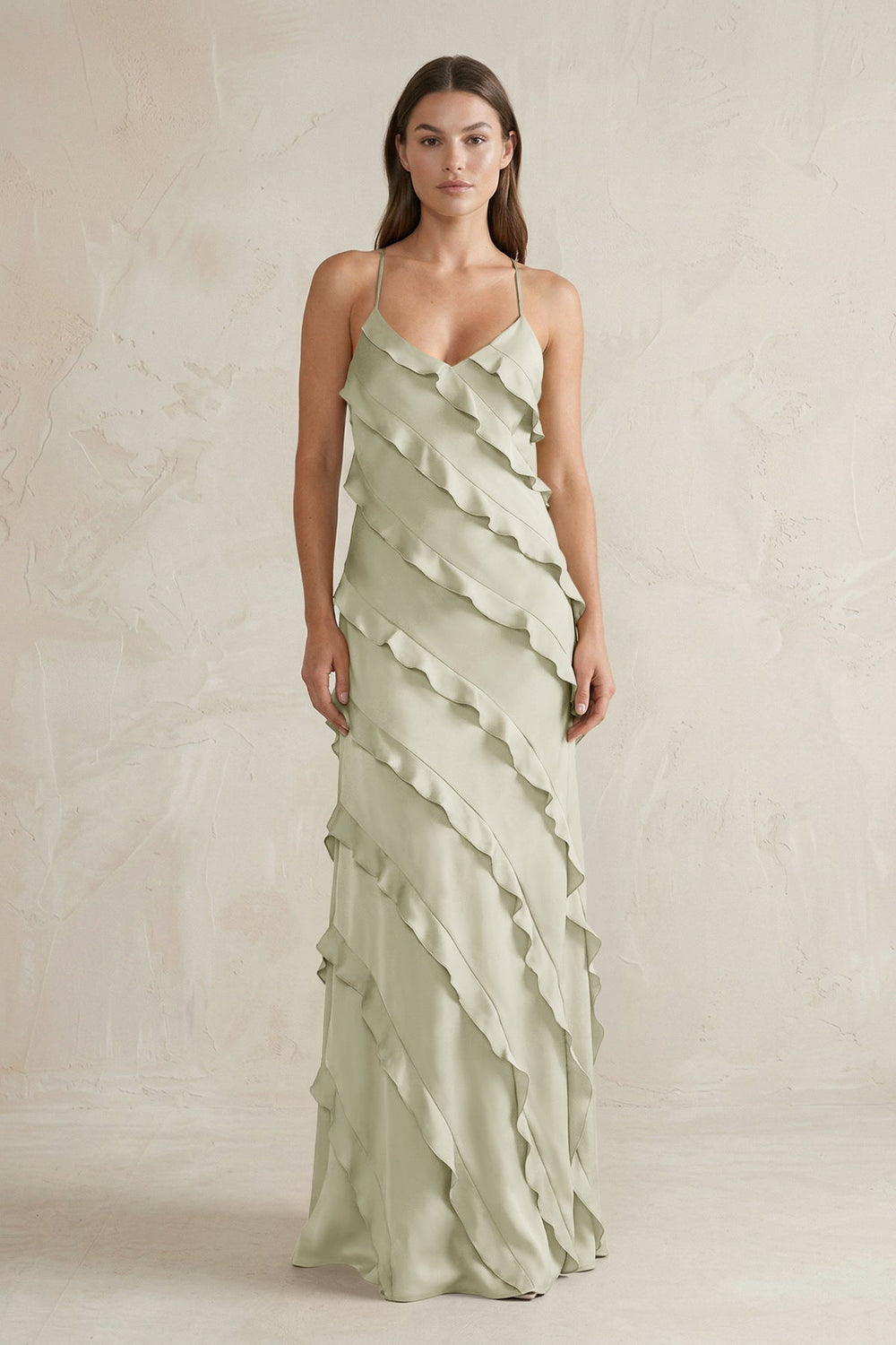 Spaghetti Straps Sheath Stain Ruffled Bridesmaid Dress in Frost - KissProm Bridesmaid Dresses