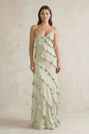 Spaghetti Straps Sheath Stain Ruffled Bridesmaid Dress in Frost - KissProm Bridesmaid Dresses