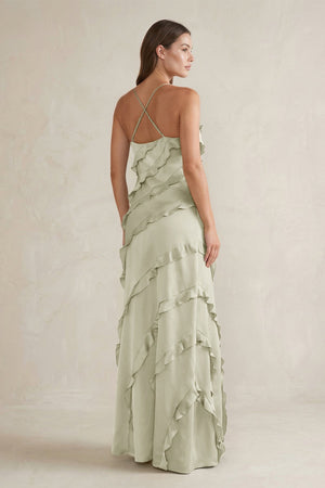 Spaghetti Straps Sheath Stain Ruffled Bridesmaid Dress in Frost - KissProm Bridesmaid Dresses