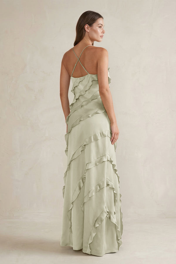 Spaghetti Straps Sheath Stain Ruffled Bridesmaid Dress in Frost - KissProm Bridesmaid Dresses